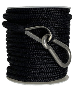 Premium Double Braided Nylon Anchor Line on Spool with 316SS Thimble and Snap Hook - Available in 100' x 3/8" and 150' x 3/8" - Black