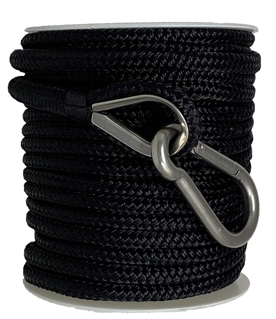 Premium Double Braided Nylon Anchor Line on Spool with 316SS Thimble and Snap Hook - Available in 100' x 3/8
