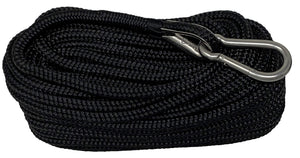 Premium Double Braided Nylon  50' Anchor Line with 316SS Thimble and Snap Hook - Available in 3/8 and 1/4" Diameter - Black